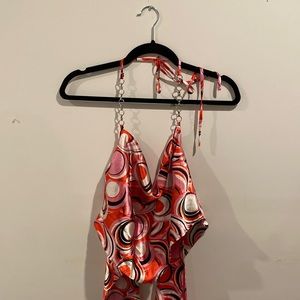 70’s inspired Cowl Neck Tie Crop Top with Silver Chain. Pink/Red/Black/White.